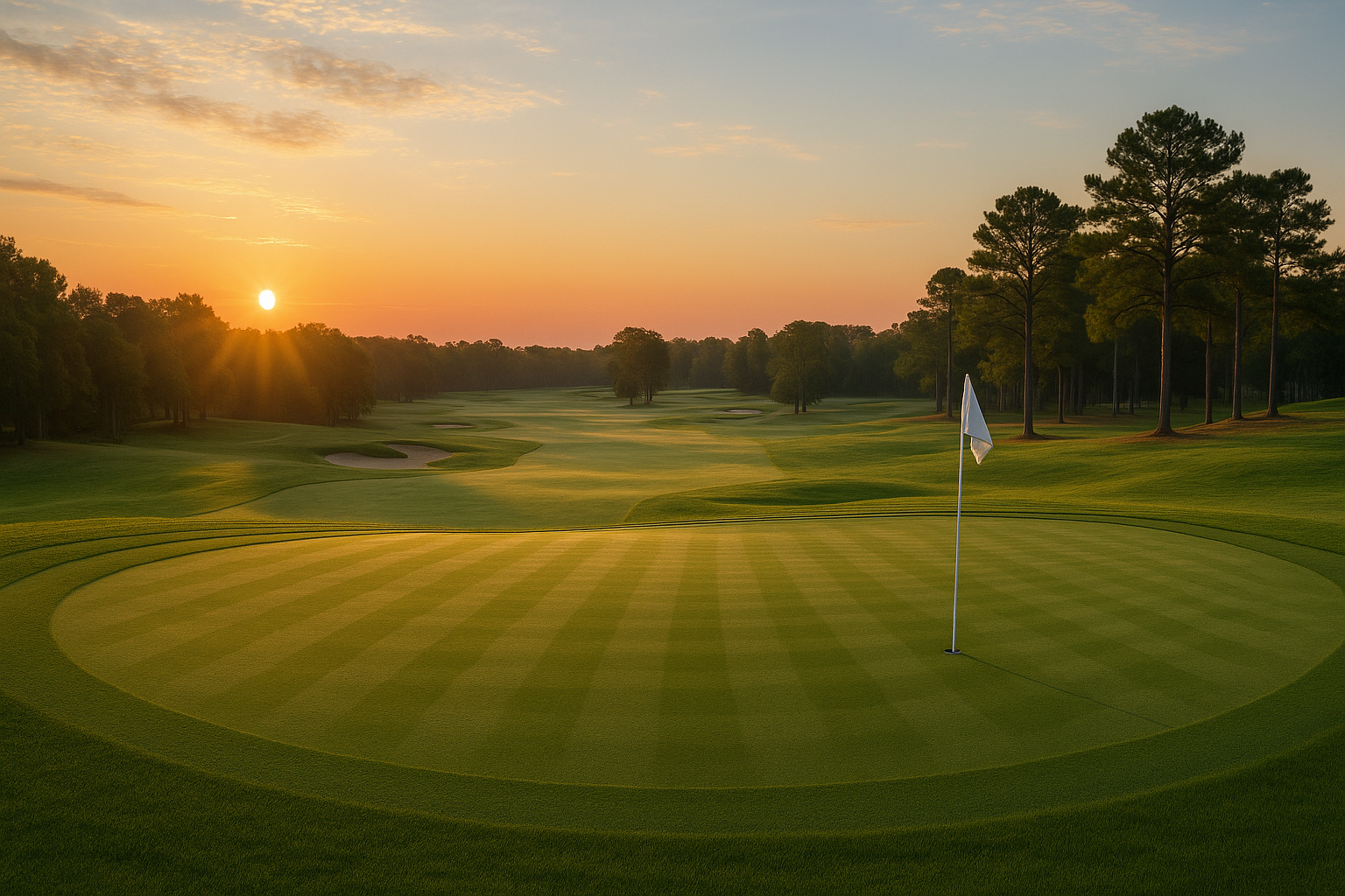 Sunlit fairway with manicured bunkers and pine trees